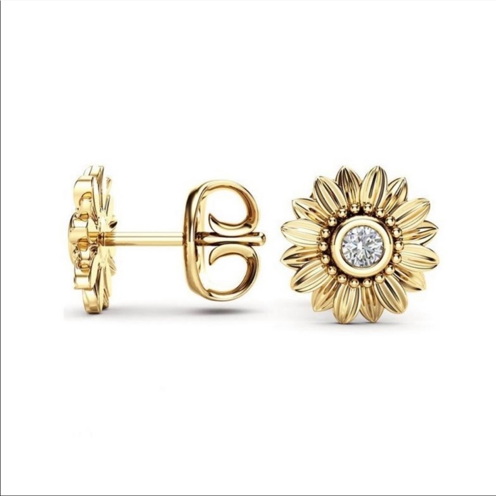 18K YELLOW GOLD EARRINGS DIAMOND SUNFLOWER EARRINGS STUD EARRINGS - Picture 2 of 3